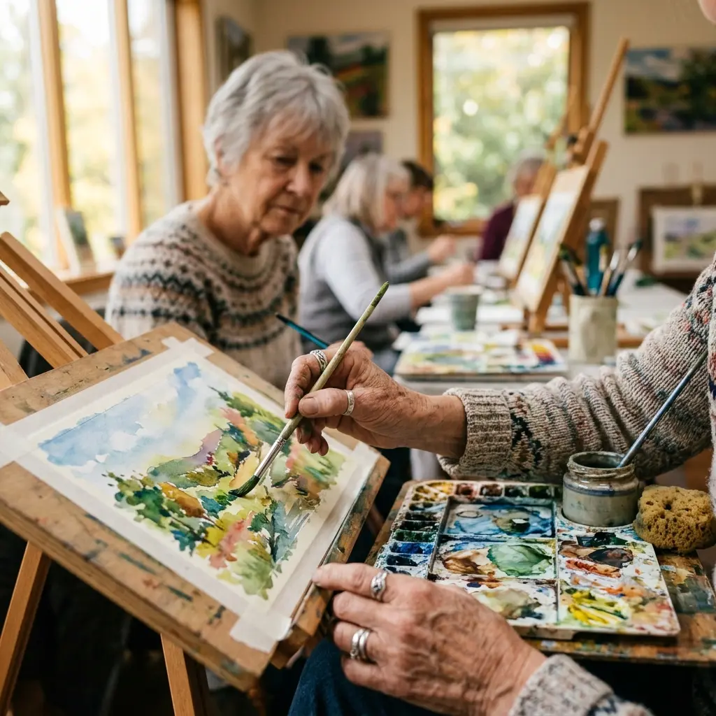 An elderly woman painting a watercolor landscape, brush in hand, paint palette beside her.