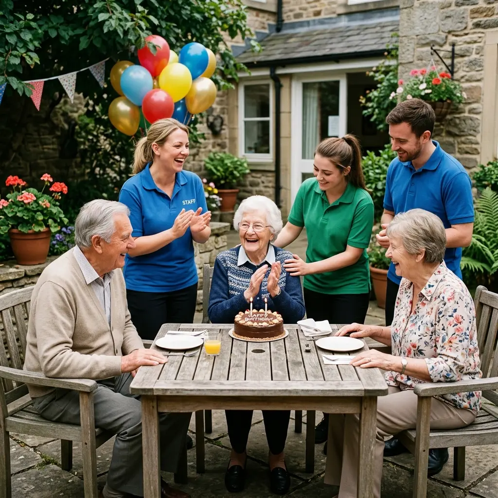 An outdoor courtyard birthday celebration with cake, balloons, residents, and staff smiling around a table.