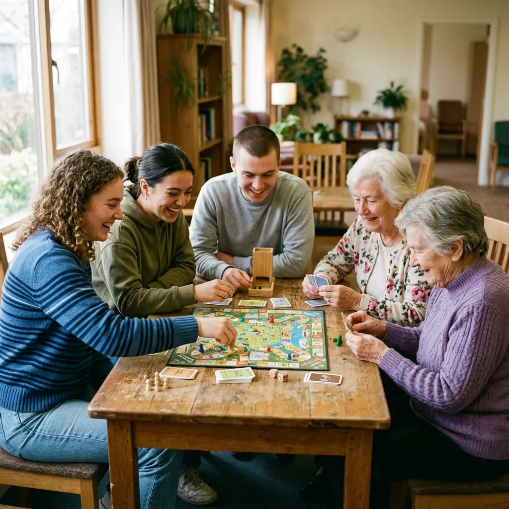 Three university students playing a board game with two elderly residents at a wooden table.
