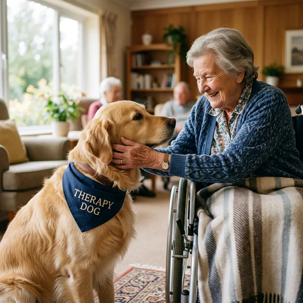 A calm golden retriever therapy dog being petted by a smiling elderly resident in a wheelchair.