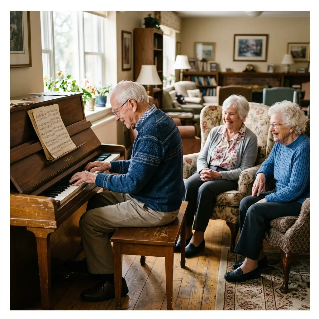 An elderly man playing piano in a sunlit common room as two other residents listen with smiles.