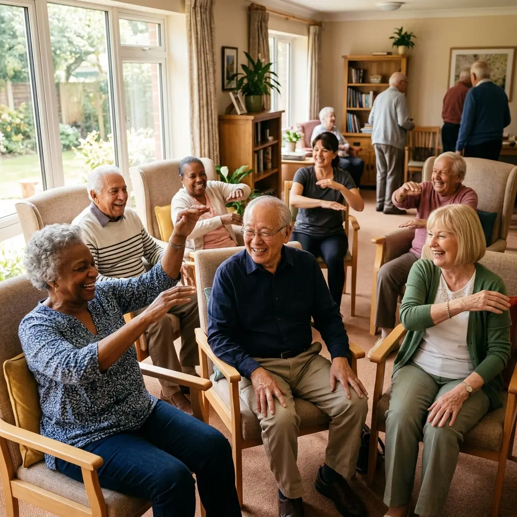 A group of residents doing gentle chair yoga in a sunlit activity room, smiling and laughing together.